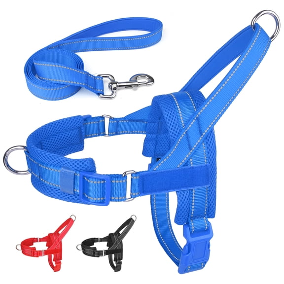 No Pull Dog Harness and Leash Set for Medium Large Dogs, Reflective Dog Vest Harness with Breathable Mesh Padded, Adjustable Neck & Chest, Blue L