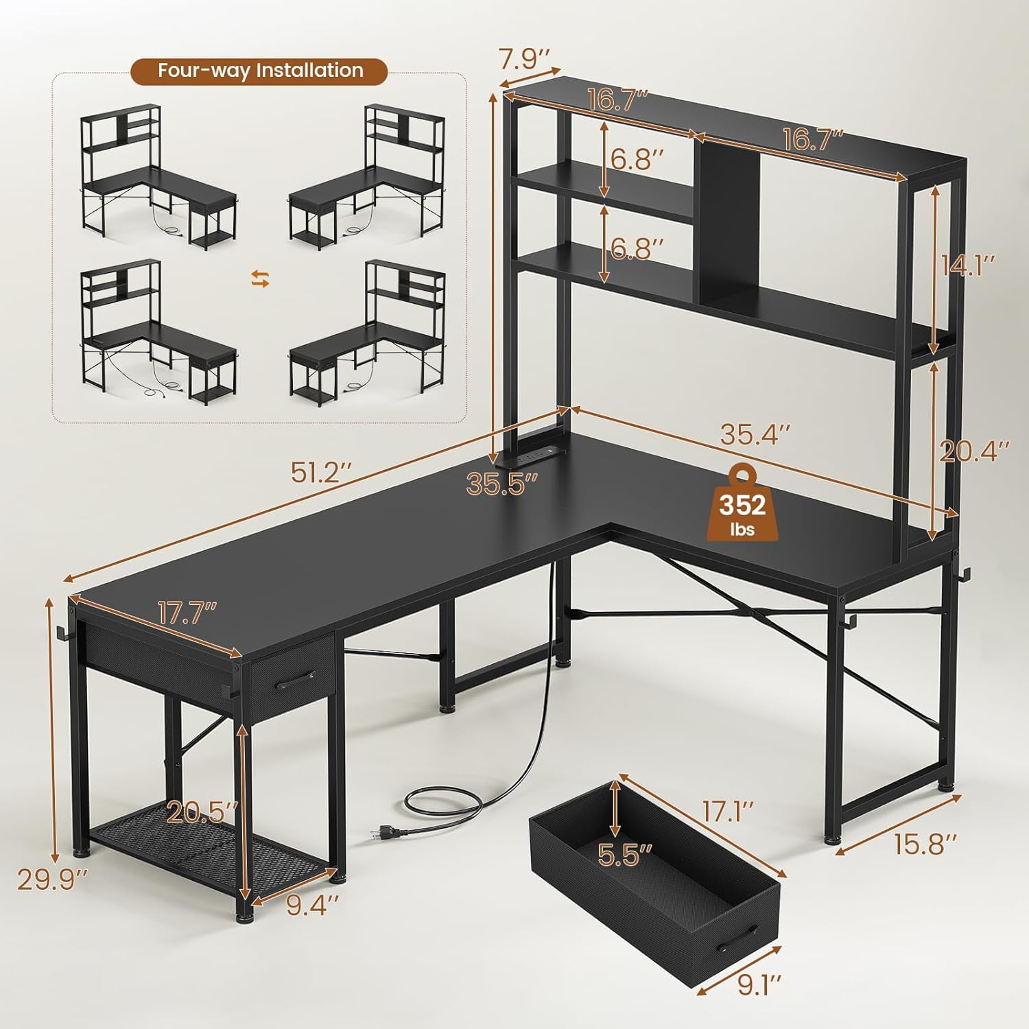 51" L Shaped Desk wtih Power Outlets and Storage, Reversible Gaming Desk with Drawer and Open Shelves, Small Computer Desk Corner Desk with LED Lights for Home Office, Bedroom, Small Space, Black