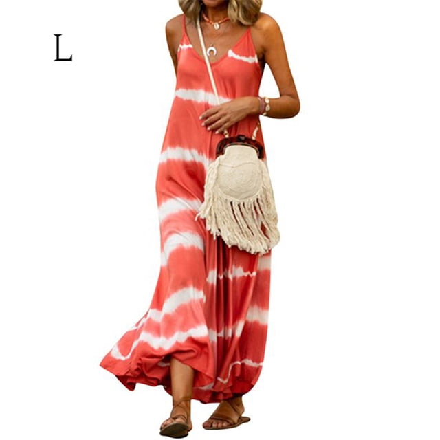 Robe Maxi à Col en V Vêtements d'Été pour Femmes à Rayures Imprimées à Rayures Sans Manches Robe Ample, Orange, G
