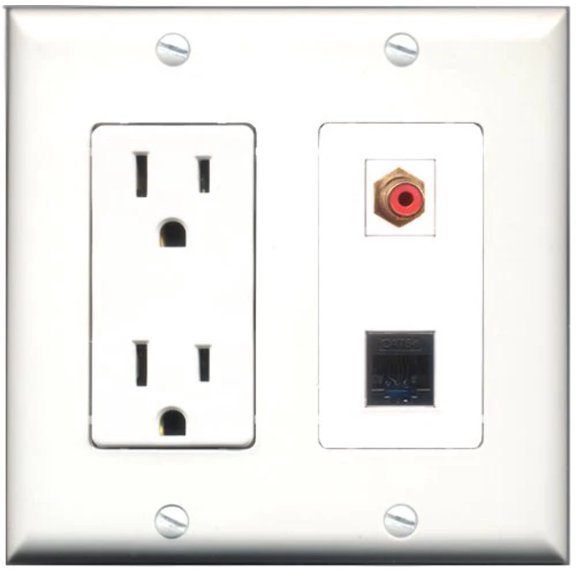 RiteAV - 15 Amp Power Outlet and 1 Port RCA Red and 1 Port Cat5e Ethernet Black Decorative Type Wall Plate White