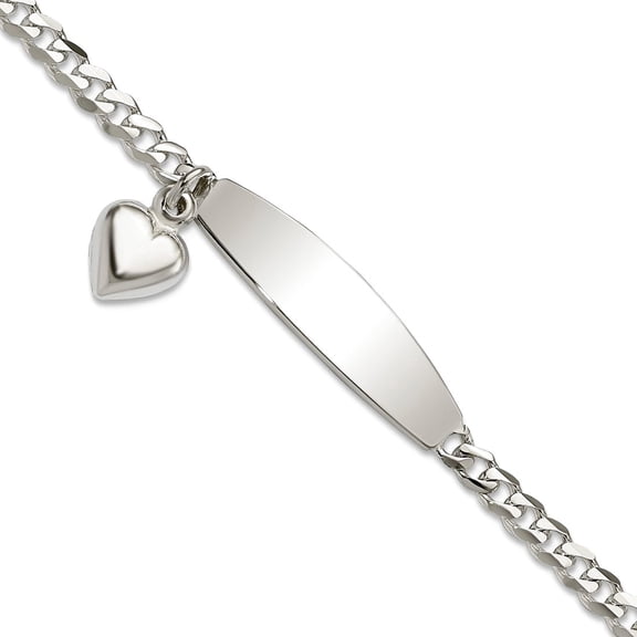3.5mm 925 Sterling Silver Polished Curb Link ID Love Heart Dangle Bracelet 8.5 Inch Identification Bracelet for Women