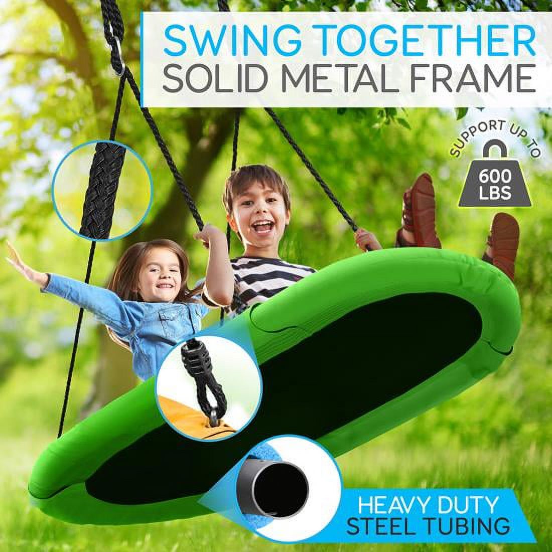SereneLife Alloy Steel Outdoor Spinner Saucer Hanging Tree Swing Oval Shape W/ Rope Straps, (Green)