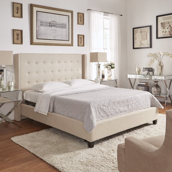 Weston Home Curtis I Upholstered Queen Bed with Wingback Nailhead Headboard, Beige
