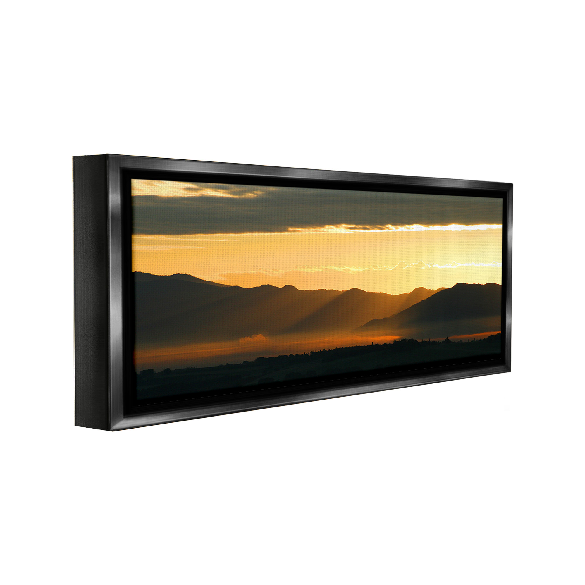 Stupell Industries Sun Rays Over Mountains Landscape Photography Black Floater Framed Canvas Art Print Wall Art, 25 x 11