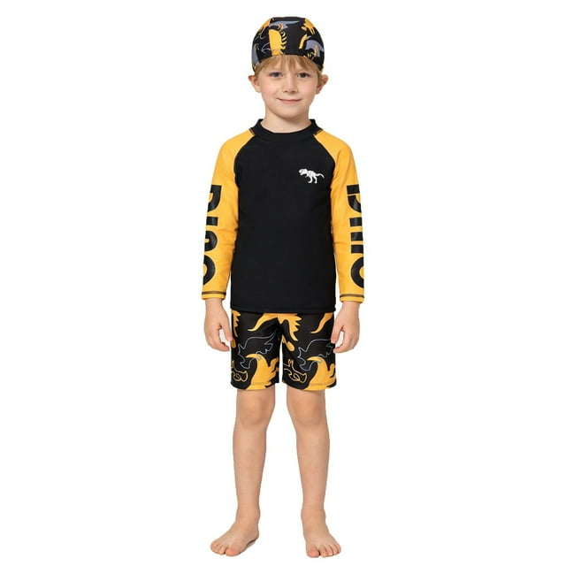 Ensemble de Maillot de Bain pour Garçons avec Imprimé Dinosaure, Chemise de Bain à Manches Longues et Short avec Bonnet pour Plage Ensoleillée et Piscine