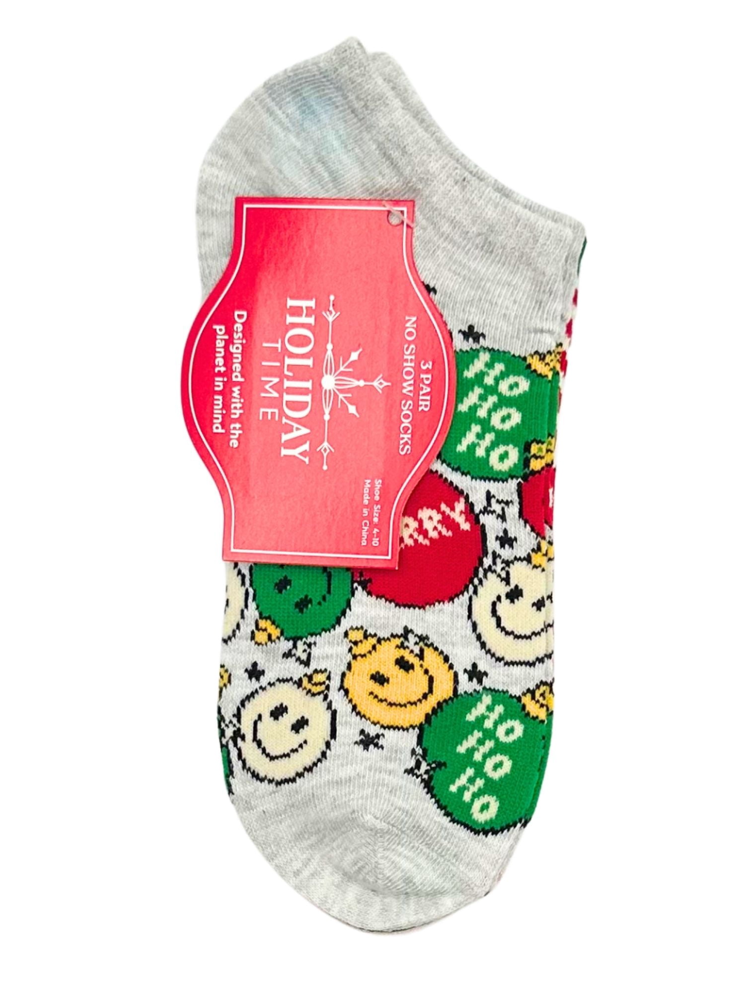 Holiday Time Women's Smiley Face Ornament No-Show Socks, 3-Pack, Size 4-10