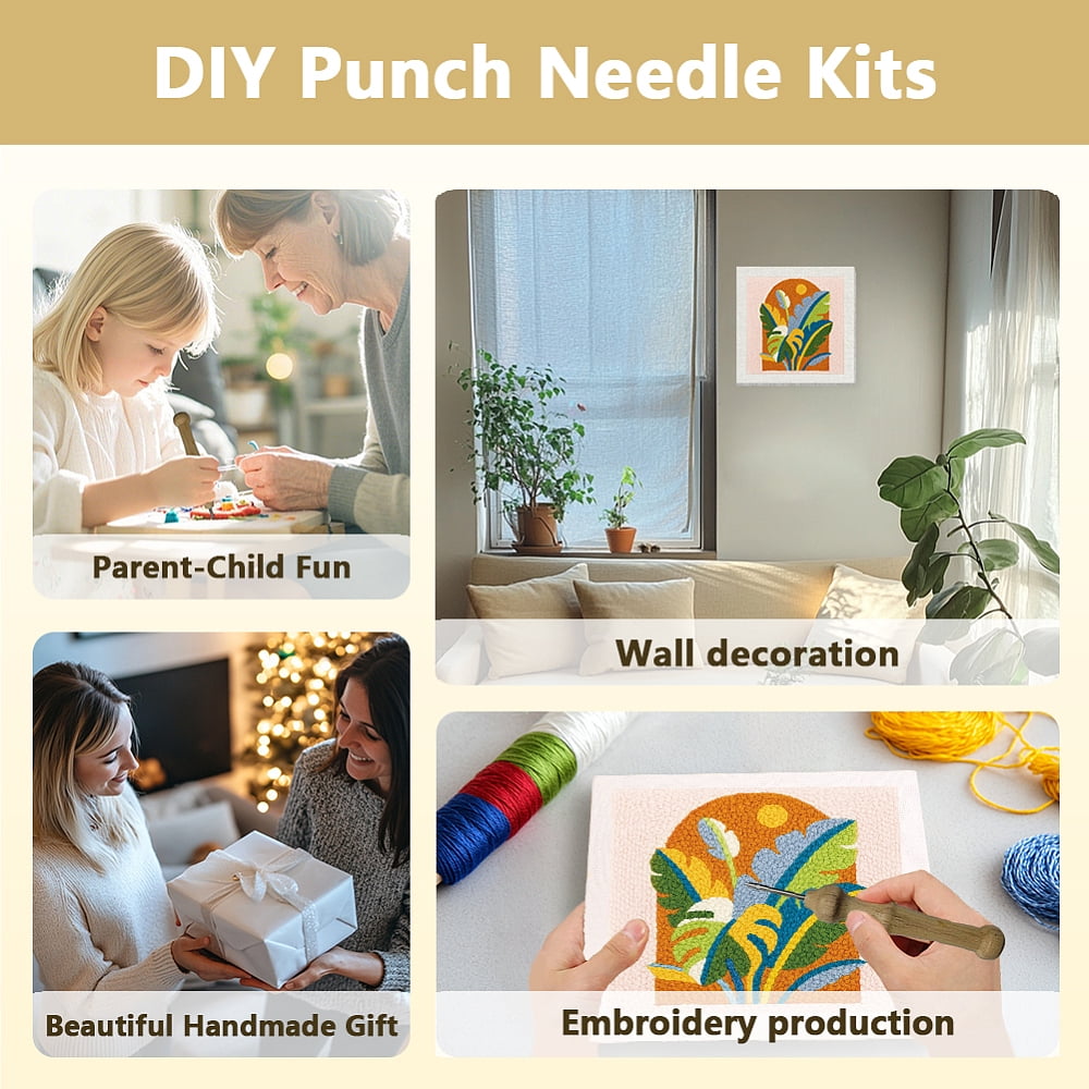 Polyester Cotton Punch Needle 4Folded Yarns Embroidery Kits Included Threader Cotton Thread Punch Needle Thread Clips 3.5MM Wooden Needle Leaf