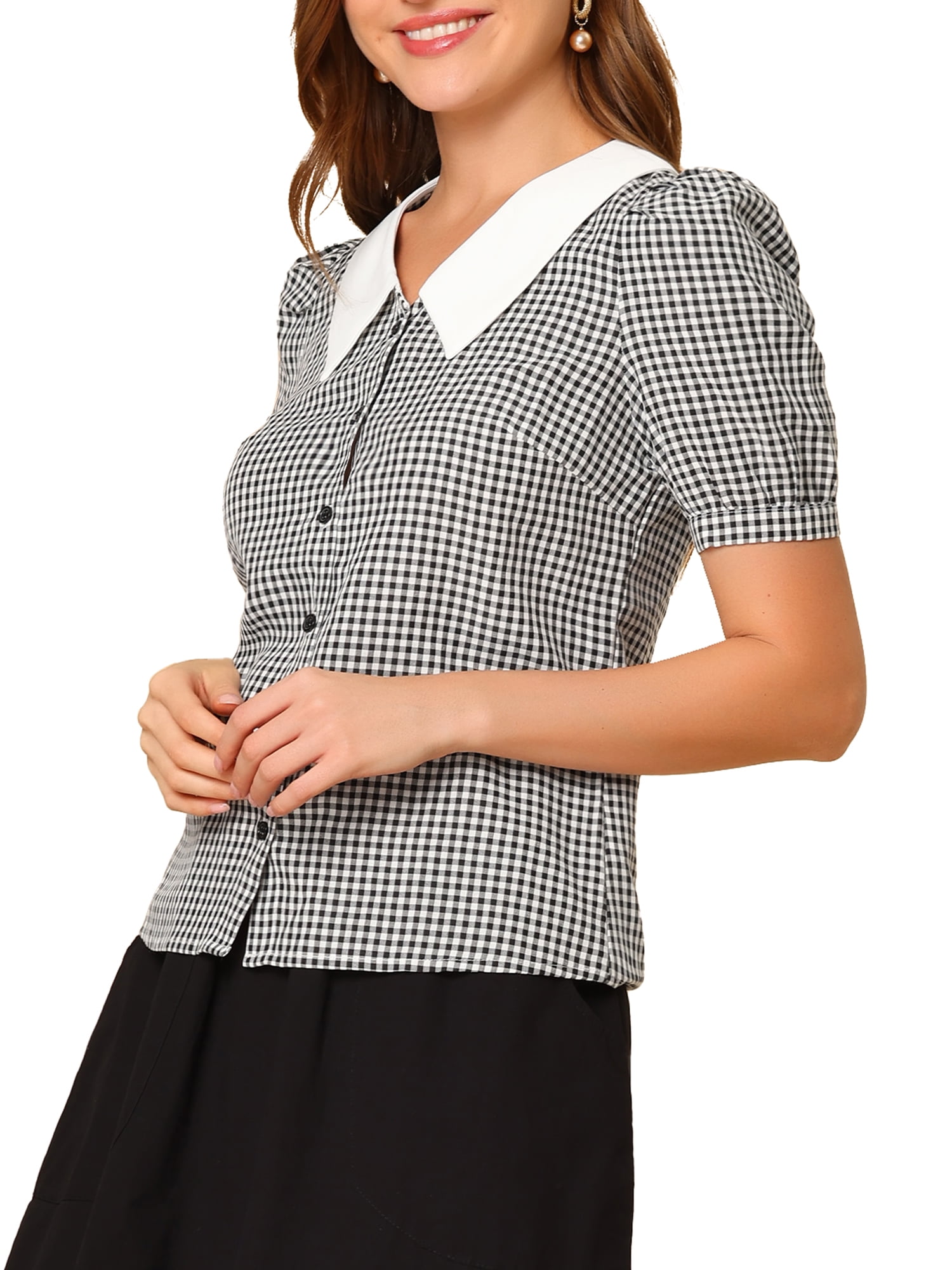 Unique Bargains Women's Plaid Contrast Collar Puff Sleeve Button Down Shirt Tops Black S