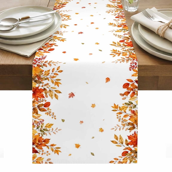 Thanksgiving Table Runner, Fall Harvest Country Orange Red Maple Leaves Berry Washable Kitchen Table Runners Dress Scarves for Dining Table Decorations Party/Restaurant/Indoor Outdoor Use, 13x90in