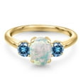 thumbnail image 3 of Gem Stone King 18K Yellow Gold Plated Silver Ring Oval/Cabochon White Simulated Opal and Vivid Persian Blue Moissanite (1.46 Cttw, Size 8), 3 of 6