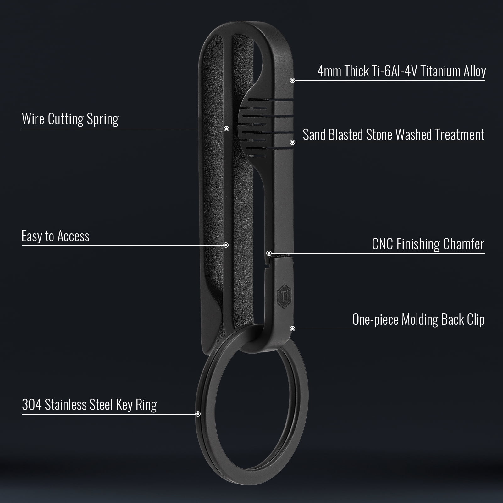 Key Unity KM03 Titanium Keychain Clip Belt Loop Key Holder with Removable Key Ring for Duty Belt (PVD Black)