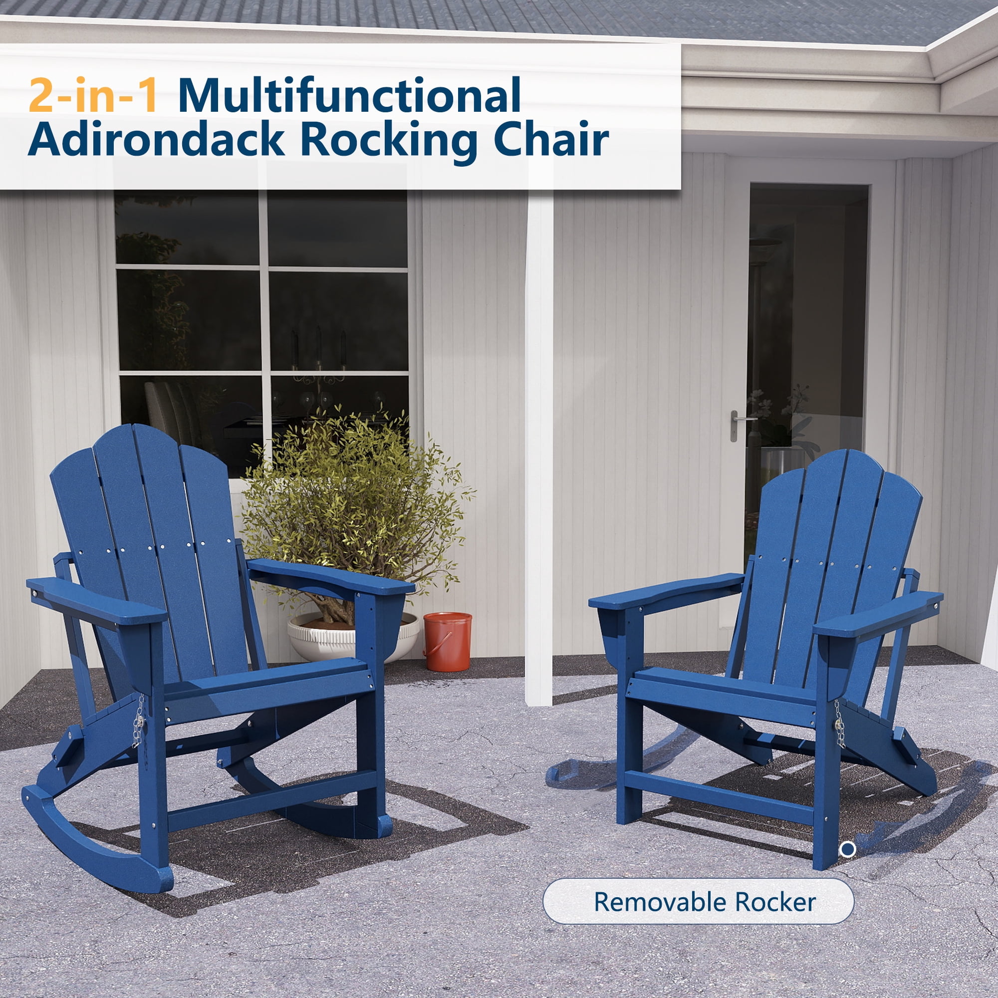 FOOWIN Folding Rocking Adirondack Chair Set of 2, HDPE Plastic Rocking Chairs for Patio Porch Rocker Chair, Navy Blue