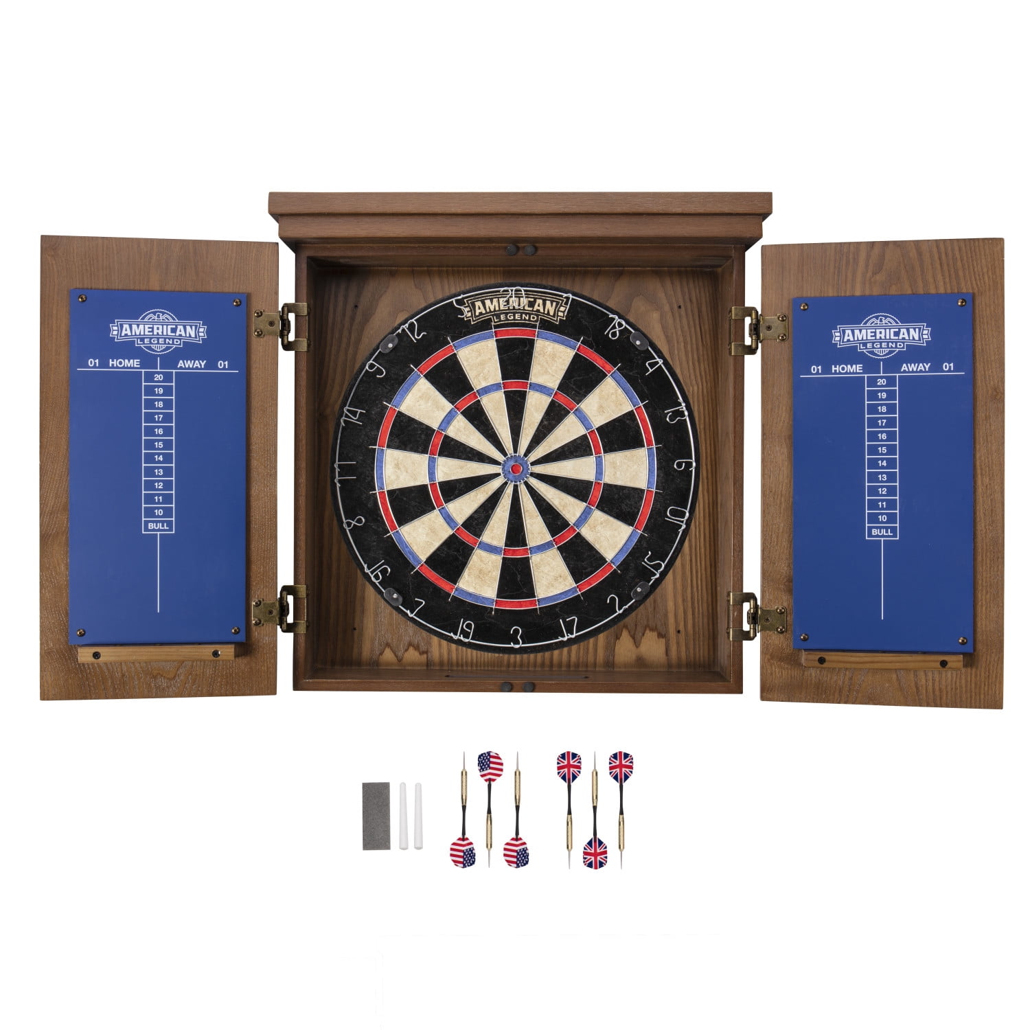 American Legend Charleston Bristle Dartboard Cabinet Set - Includes 18” dartboard and 6 steel tip darts