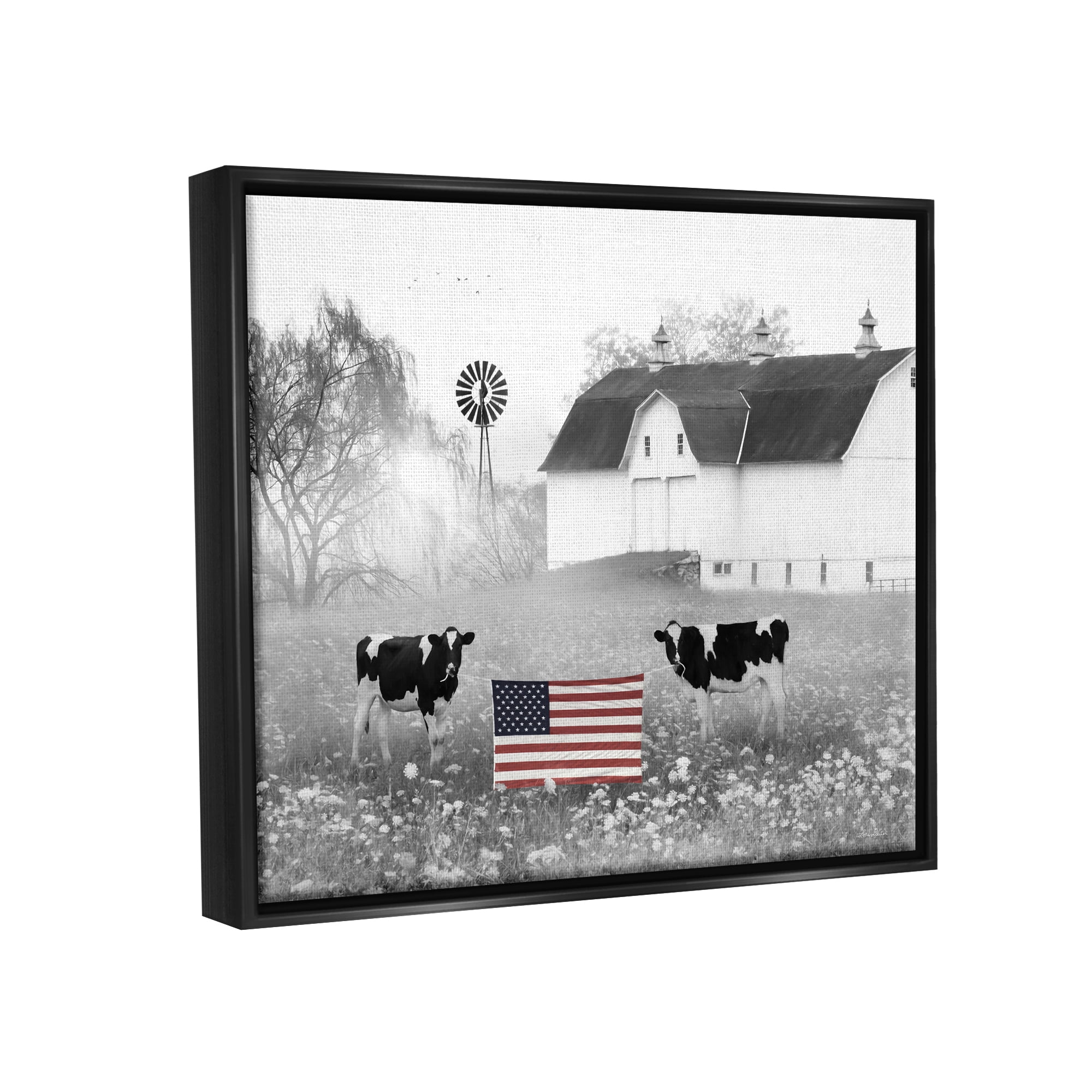 Stupell Americana Barn Country Cows Flag Animals & Insects Painting Black Floater Framed Art Print Wall Art