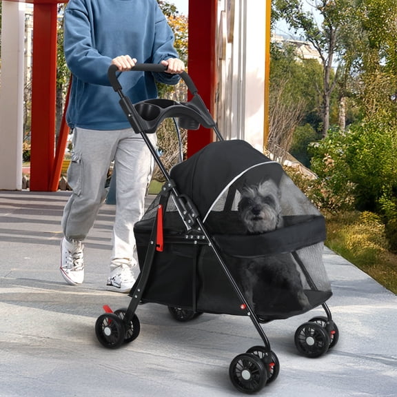 WETLA 4-Wheel Pet Stroller for Small Dogs - Foldable Carrier with Breathable Mesh & Cup Holder