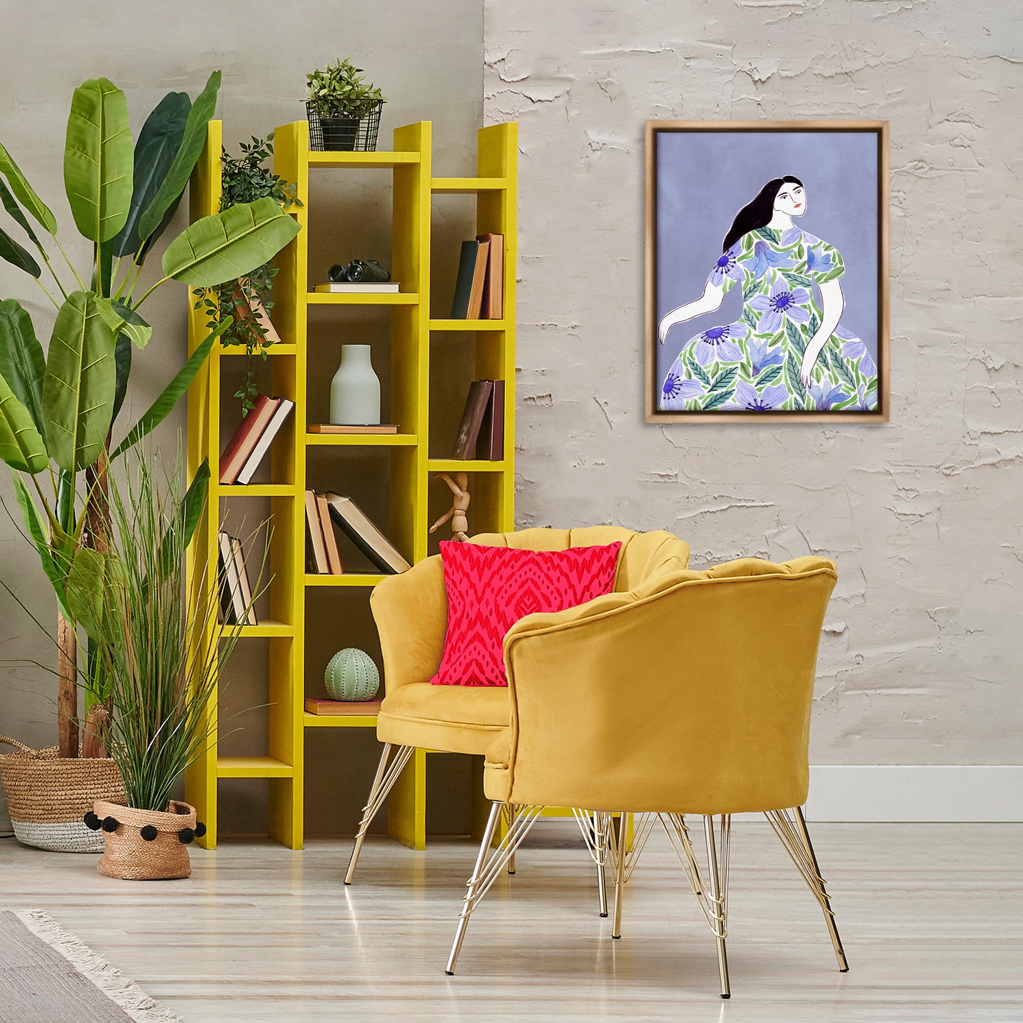 Stupell Industries Woman in Blue Floral Gown People Painting Brown Floater Framed Canvas Art Print Wall Art, 17 x 21