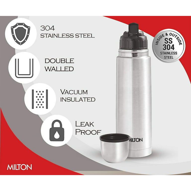 Milton Thermosteel Flip Lid Flask 350, Double Walled Vacuum Insulated Thermos 350 ml | 12 oz | 24 Hours Hot and Cold Water Bottle with Cover, 18/8