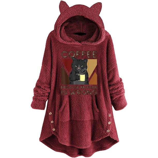 Sudadera con capucha y chaqueta de felpa esponjosa para mujer, abrigo de talla grande, sudadera de manga larga con estampado de gato en color negro y café, sudadera con capucha y forro