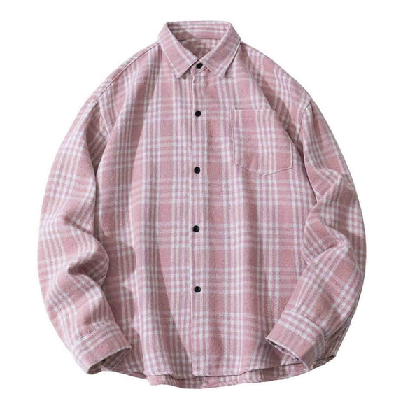 MELDVDIB Mens Button-Up Plaid Shirts Turndown Collar Oversized Long Sleeve Outfits Shirts Light Weight Comfy Work Coats Blouse with Pocket Pink 5XL