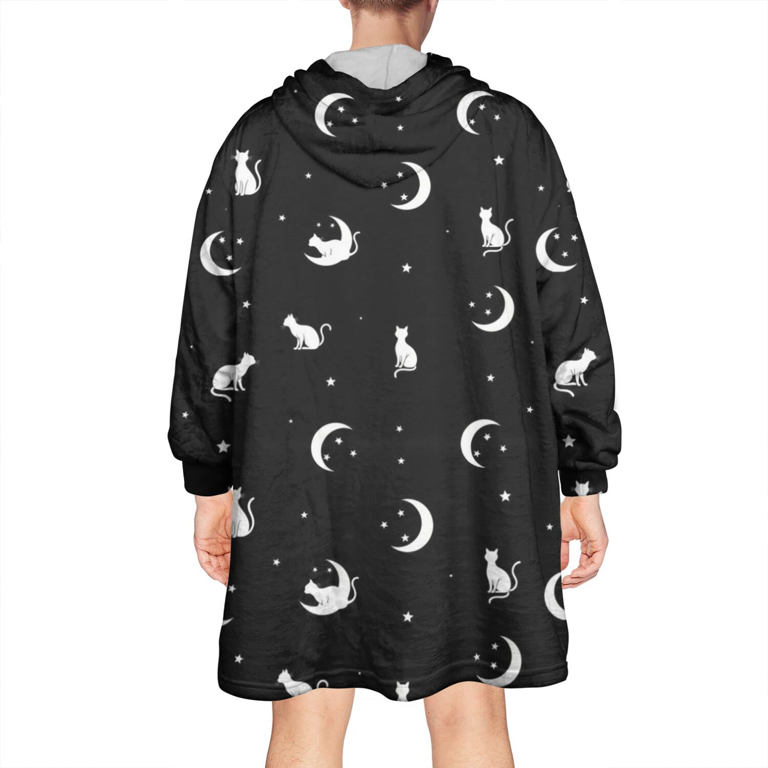 Wearable Oversized Blanket,Black Cat Moon Star Pattern Wearable Blanket Hoodie for Adults,Cozy Hooded Blankets with Super Pockets,Super Warm Fuzzy Pullover for Women & Men