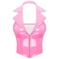 thumbnail image 3 of Camisola de látex con efecto mojado y cuello halter de piel sintética, chaleco de charol brillante, solapa con muescas, escote en V profundo, cremallera frontal, chaleco ajustado, 3 of 5