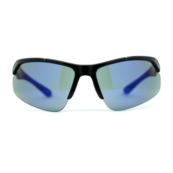Mens Color Mirror Baseball Half Rim Wrap Plastic Sport Sunglasses Black Blue Mirror
