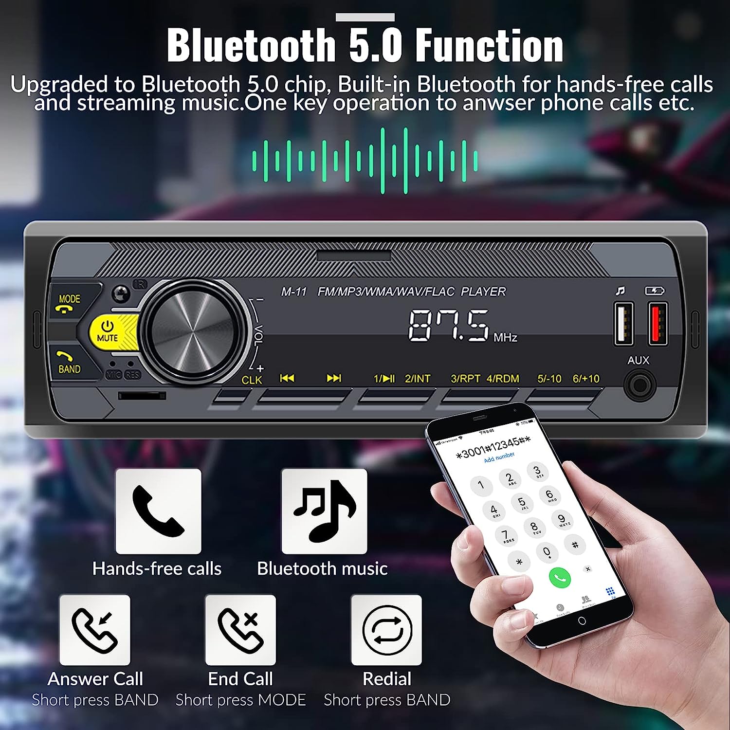 Rimoody Universal Single 1 DIN Car Stereo Radio Bluetooth In-Dash Head Unit Car Multimedia MP3 Player Digital Audio Music FM USB/TF/Aux