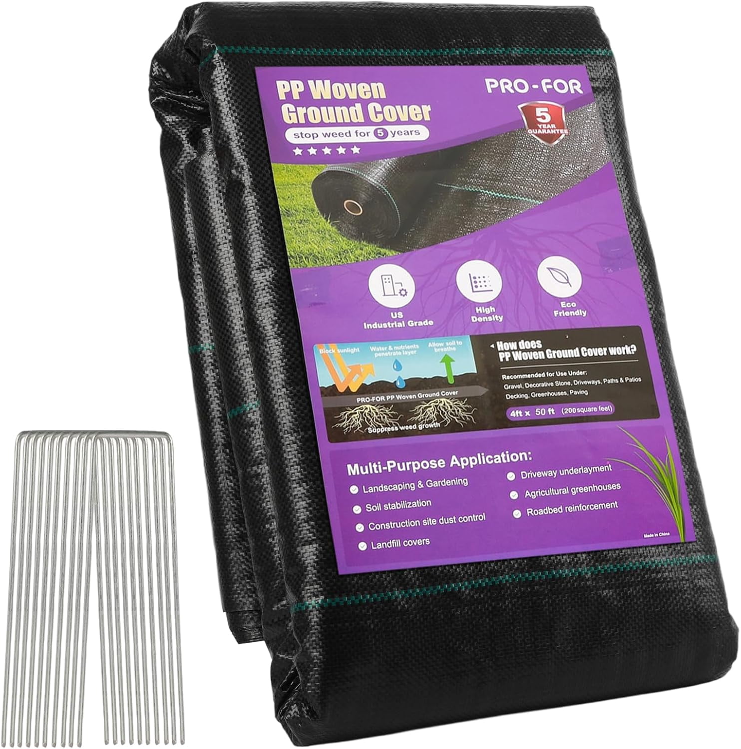 RGHJAR-4FT x 50FT 3.2oz Heavy Duty Weed Barrier Landscape Fabric – Premium Woven Ground Cover for Gardening, Farming & Driveways, Breathable Weed Control Cloth with 10 U-Shaped Securing Pegs