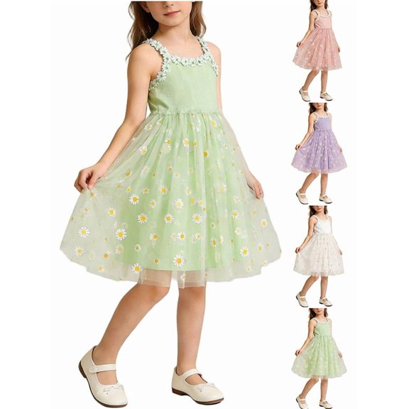 Afuyipoi Girls Sleeveless Dress Size 1-10Y Daisy Print Sweetheart Overlay Dress for Summer Vacation Green Size 2T