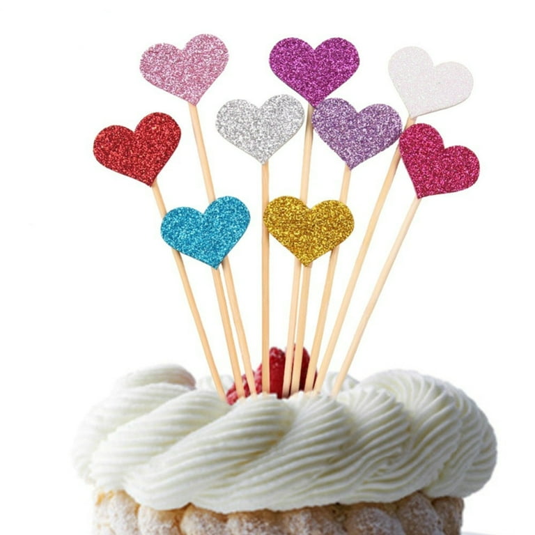 jojofuny 48 Pcs Cake Inserts Dessert Insert Heart Glitter Cake Picks Cake  Ornament Party Dessert Topper Gender Reveal Party Decors Topersitos para