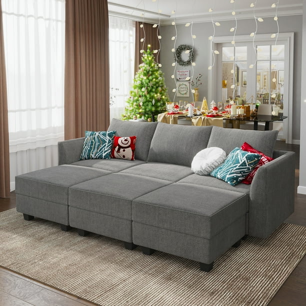 HONBAY Modern Convertible Sleeper Sofa Bed with Storage Ottomans and 6