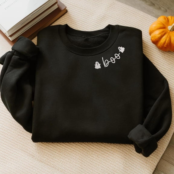 Embroidered Ghost Halloween BOO Crewneck, Sweatshirt