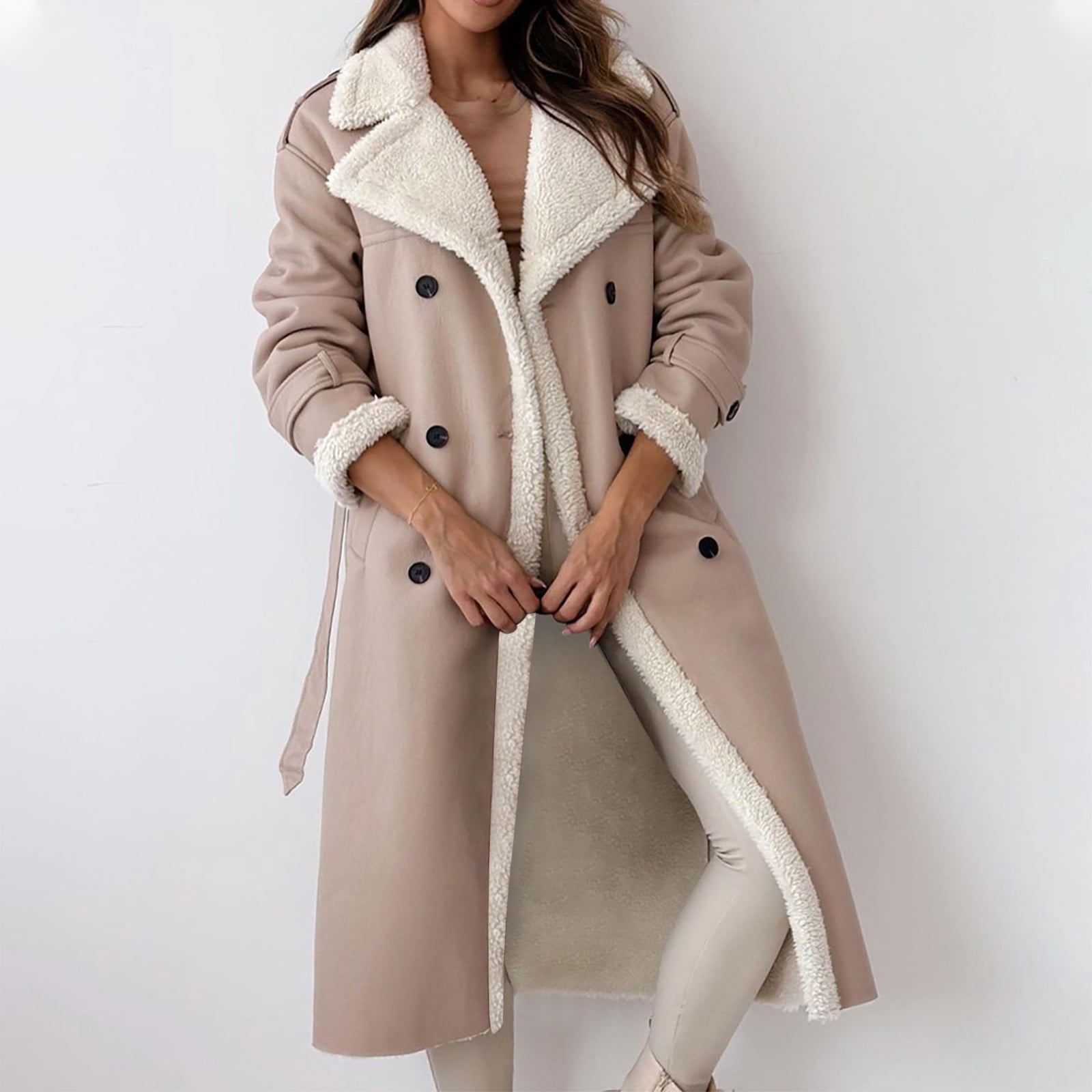 APEXFWDT Women Shearling Sheepskin Faux Leather Coat Long Winter Warm Sherpa Lined Jacket Notch Collar Button Down Trench Coat with Belt