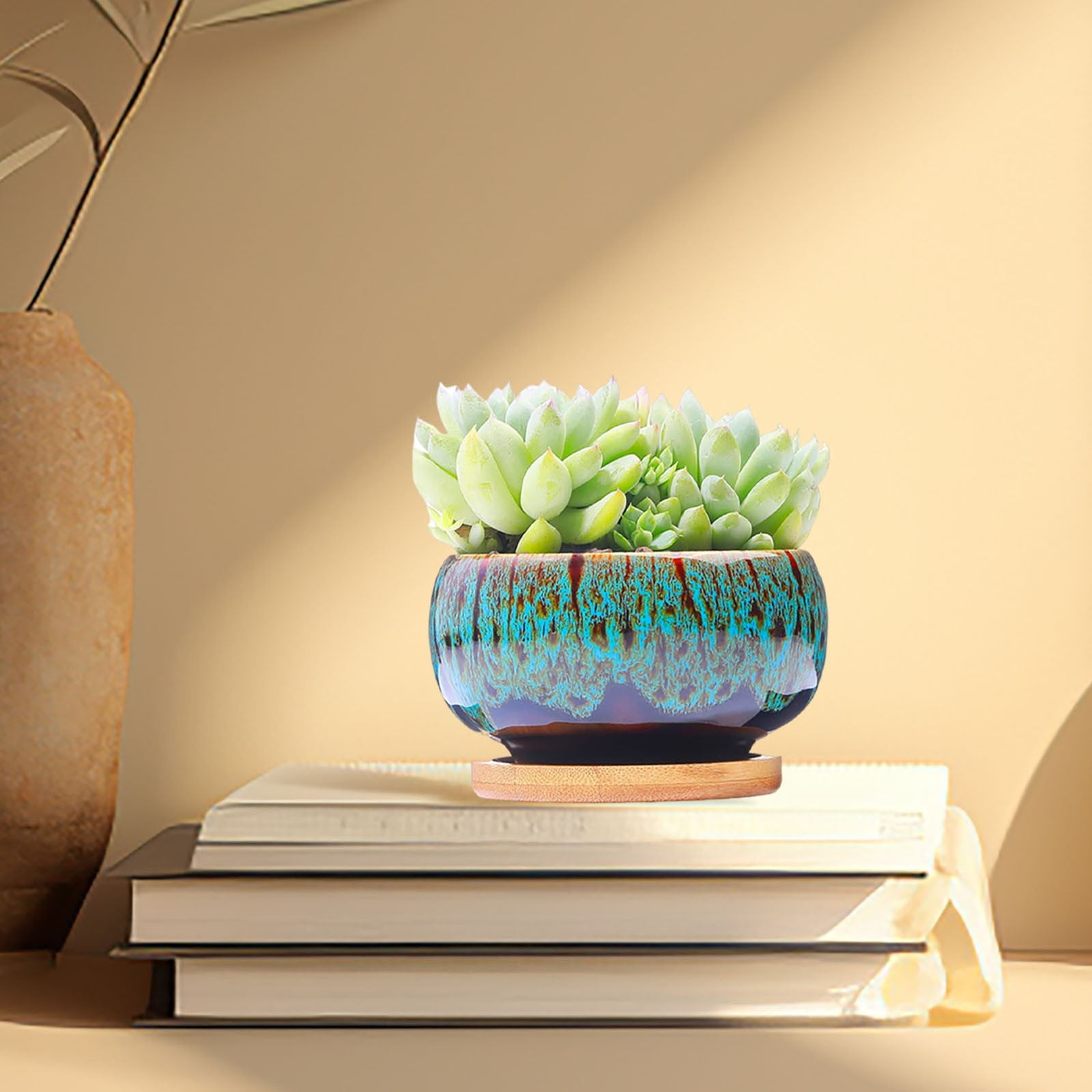 Clearance！ Glazed Ceramic Flower Pot (Blue), Circular Glazed Ceramic Pottery Planter Set Unique窑变Color Blend Succulent Garden Pot Display