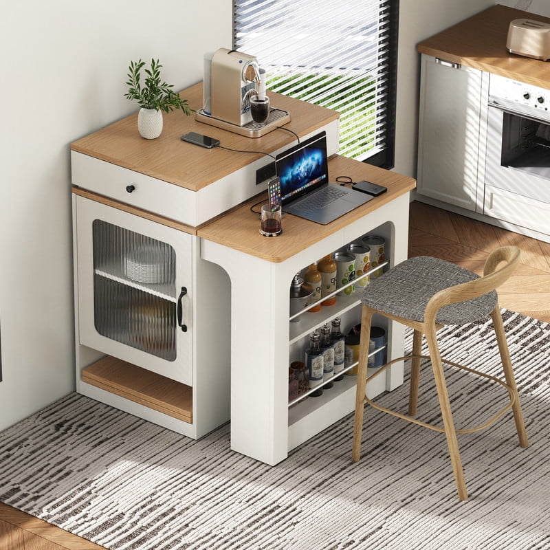 Bellemave 60" Kitchen Island with Extendable Dining Table and Power Outlet, Mobile Kitchen Storage Islands with 2 Storage Drawers, Rolling Islands Cart with Extra Rows Open Shelves（White)