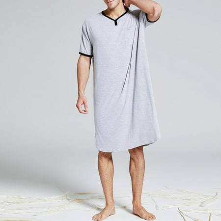 

SAYOO Men s Nightgown Short Sleeve V-neck Loose Pajamas Oversized Summer Cotton Nightshirt