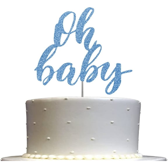 Oh Baby Cake Topper Blue Glitter, Baby Shower Party Decoration, Sturdy Doubled Sided Glitter, Acrylic Stick. Made in USA