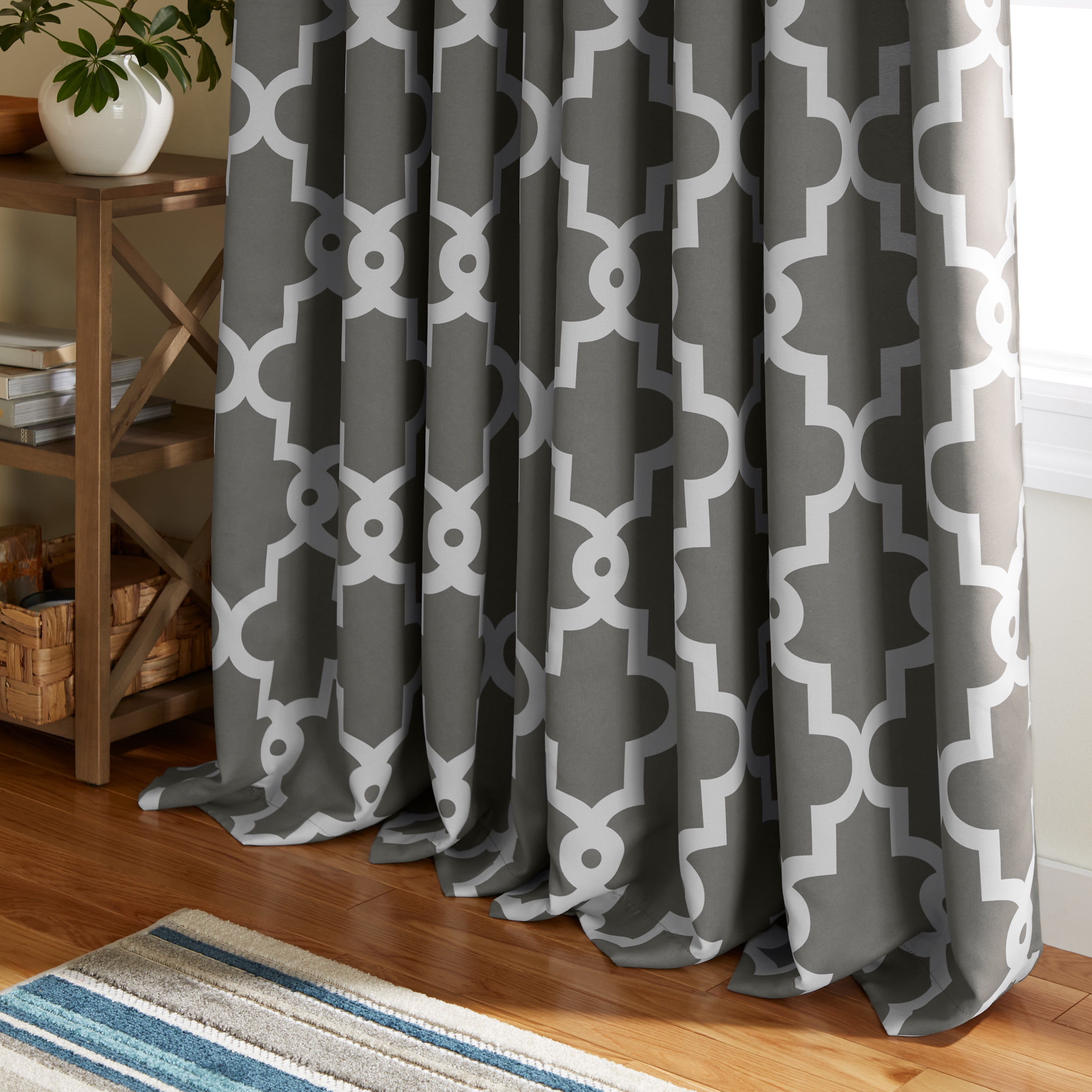 TOWN & COUNTRY EVERYDAY Ironwork Geo Trellis Sateen Indoor Curtains, Room Darkening Blackout, Grommet Top, Energy Efficient, 2-Pack Set, 52"x84", Black Pearl