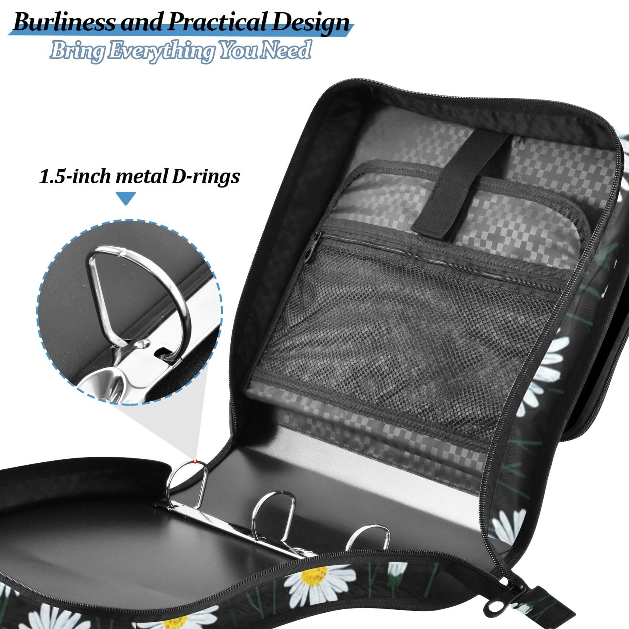 Zipper Binder Daisy Black Background 1.5 Inch Binder Folder Bag with Shoulder Strap and Handle