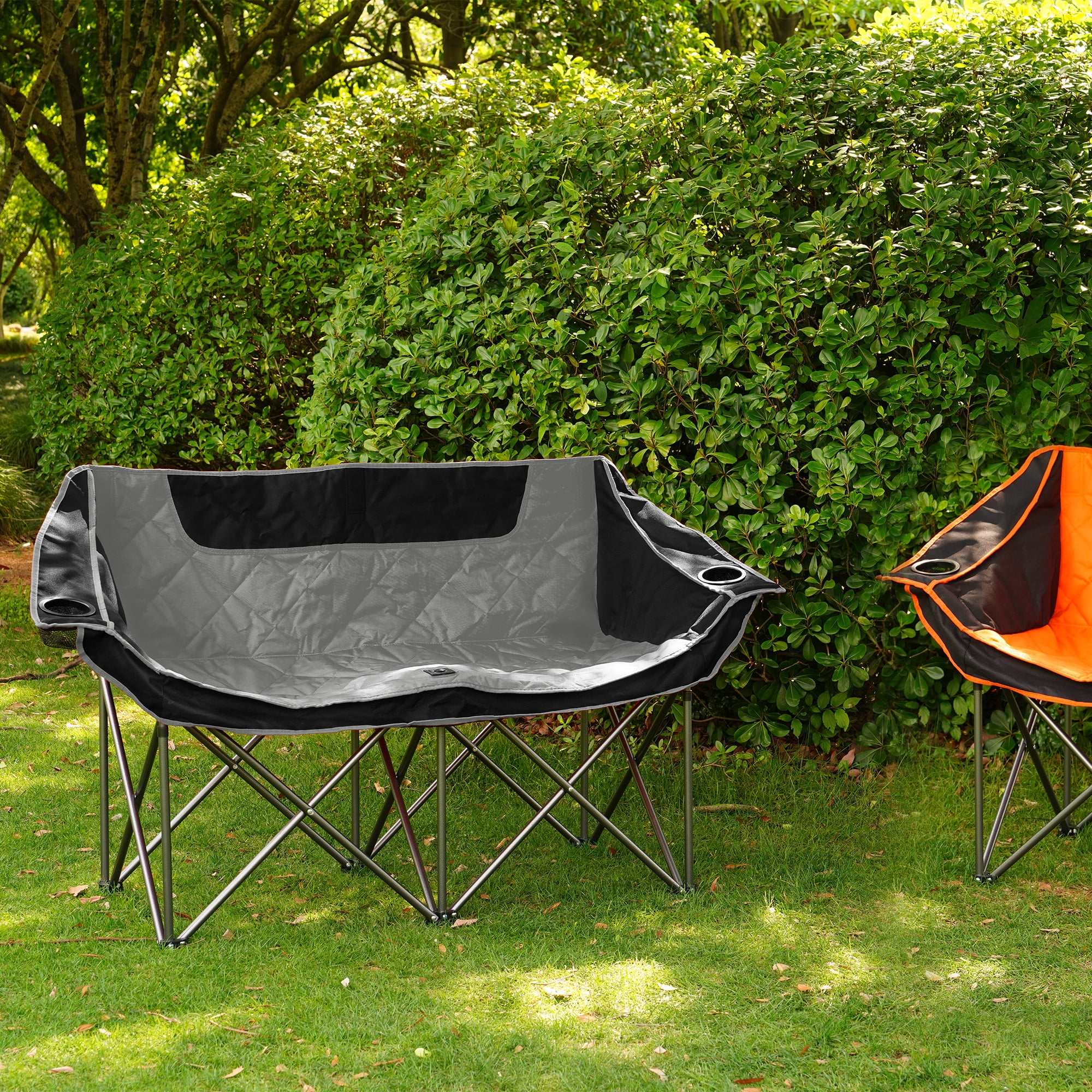 FlexWave Oversized Double Camping Chair，2-Person Heavy-Duty Folding Loveseat，Portable Outdoor Chair，with Armrests, Cup Holders & Carry Bag, for Camping, Picnic, Backyard