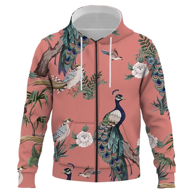Sudadera con capucha y cremallera con estampado 3D de flores, pájaros y plantas, para hombre y mujer, estilo informal, de gran tamaño, 2024