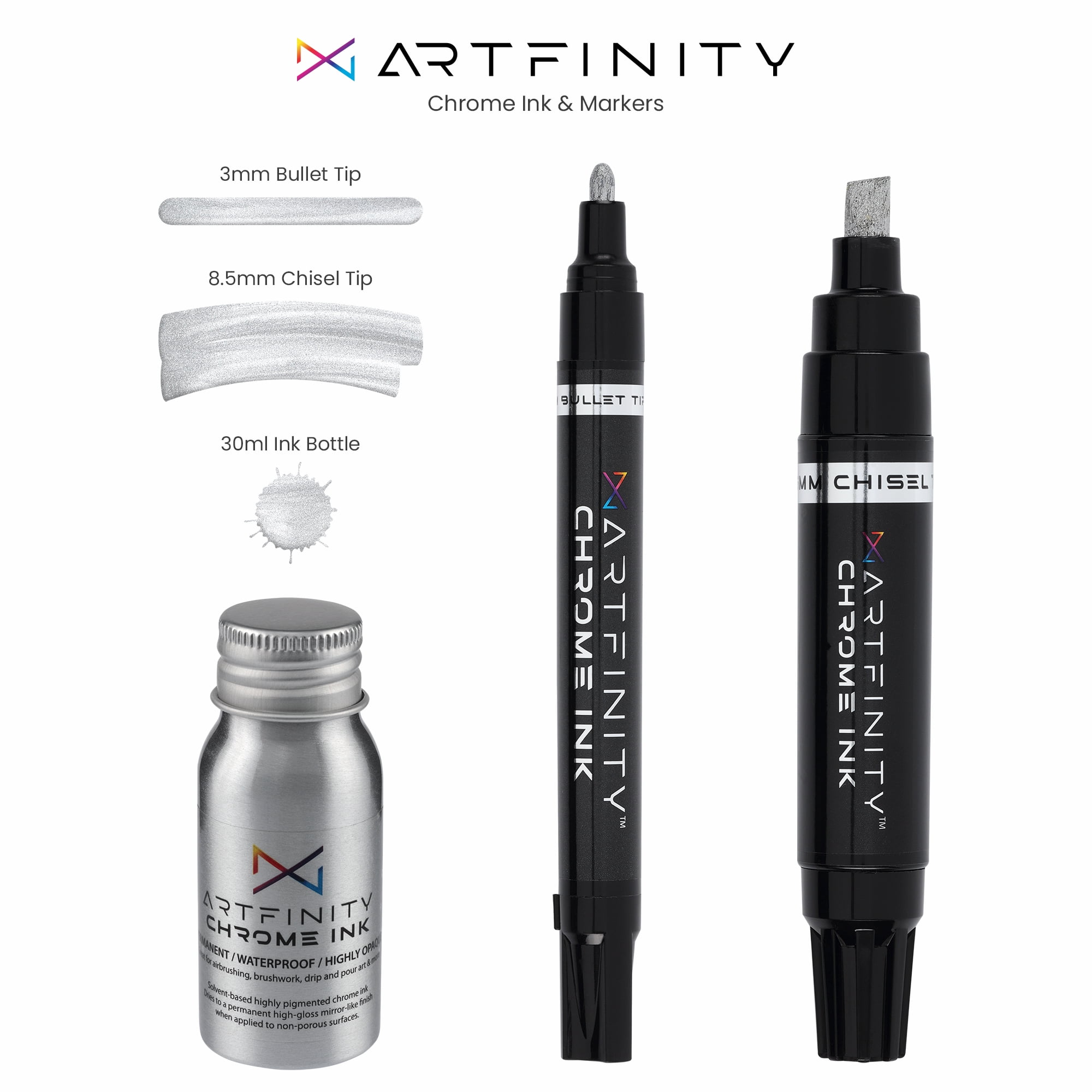 Artfinity Rich MetAllic Markers - Professional MetAllic Markers for Artists, Drawing, CAlligraphy, & More! - [Chrome - 8.5mm Chisel Nib]