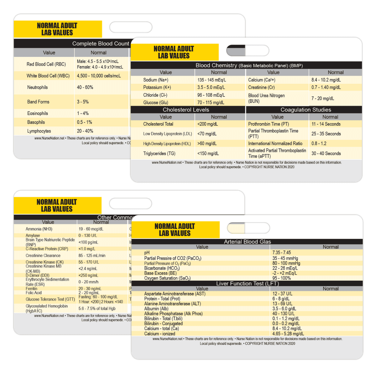 Lab Values Horizontal Plastic Badge Cards Set of 2 Cards