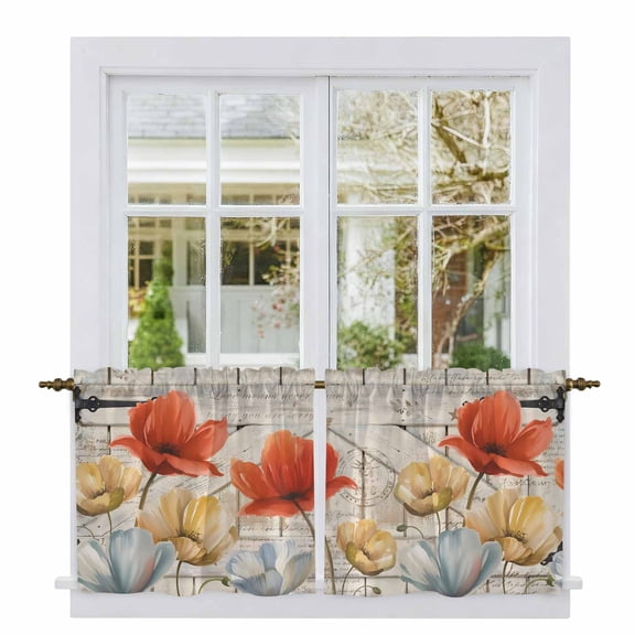Retro Floral Tier Curtains 24 Inch Length, Red Yellow Tulips Barm Doors Farmhouse Wooden Cafe Short Curtains for Bathroom Over Sink, Small Kitchen Curtain Light Filtering Drapes 2 Panels 27.5"Wx24"L