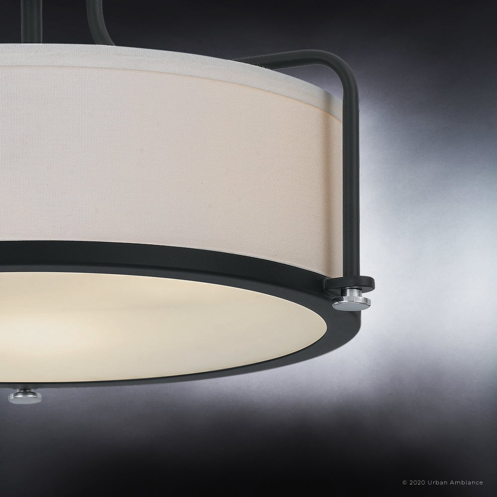 Luxury Minimalist Indoor Ceiling Light, 10.50''H x 17.50''W, with Modern Style Elements, Art Deco Design, Natural Black Finish and Eggshell Fabric, UQL3771