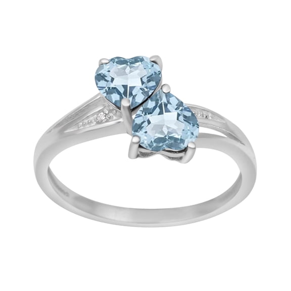 925 Sterling Silver 6MM Heart Shape Blue Topaz Two Stone Heart Valentines Day Gifts Ring
