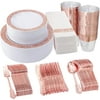 BUCLA 350PCS Rose Gold Plastic Plates With Disposable Plastic Silverware& Napkins- Rose Gold Rim Plastic Dinnerware Lace Design For Mother's Day, Wedding