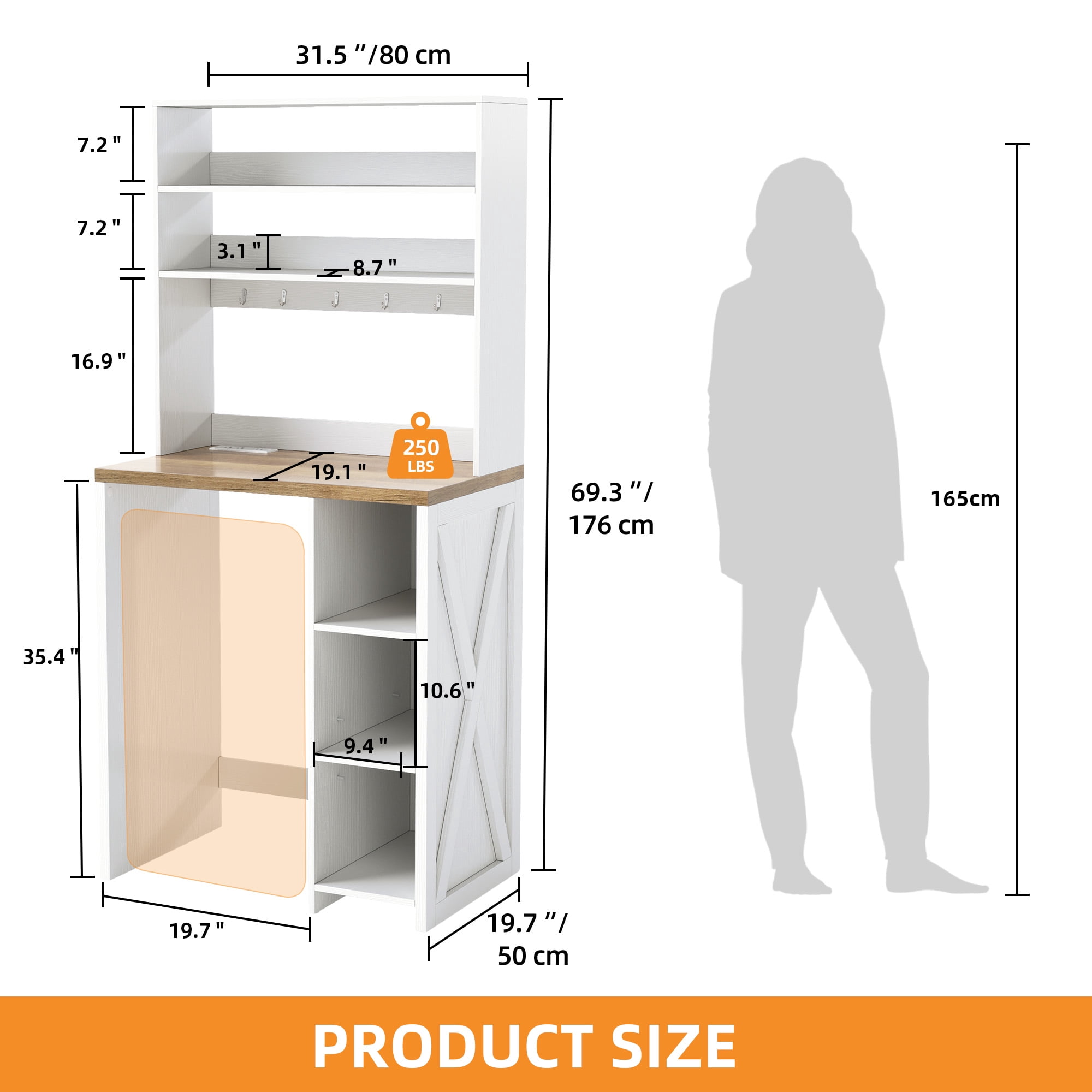 Craftian 69"H Kitchen Baker's Rack Microwave Stand with Power Outlets & Mini Fridge Storage, White