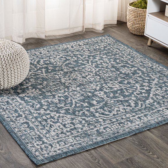 JONATHAN Y SANTA MONICA 5' Square Area Rug, Malta Bohemian Medallion Textured Weave - Teal/Gray, SMB104B-5SQ