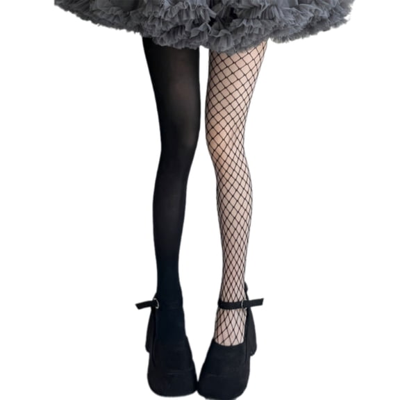 Misright Women's AB Asymmetrical Color Blocked Tights Gothic Fishnet Velvet Pantyhose
